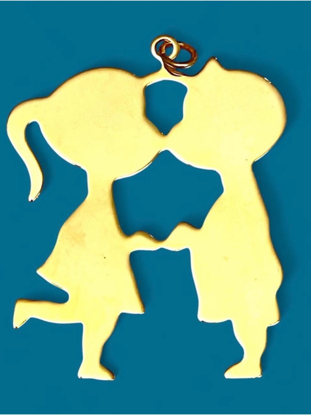 Vintage 1970s Kissing Couple Brass Necklace Pendant Retro Mod Sweetheart Lovers